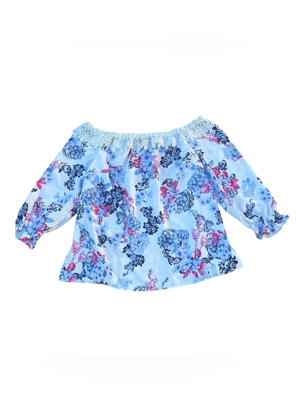 ELLE Women's Floral Print Off-The-Shoulder Long Sleeve Blouse with Lace Trim